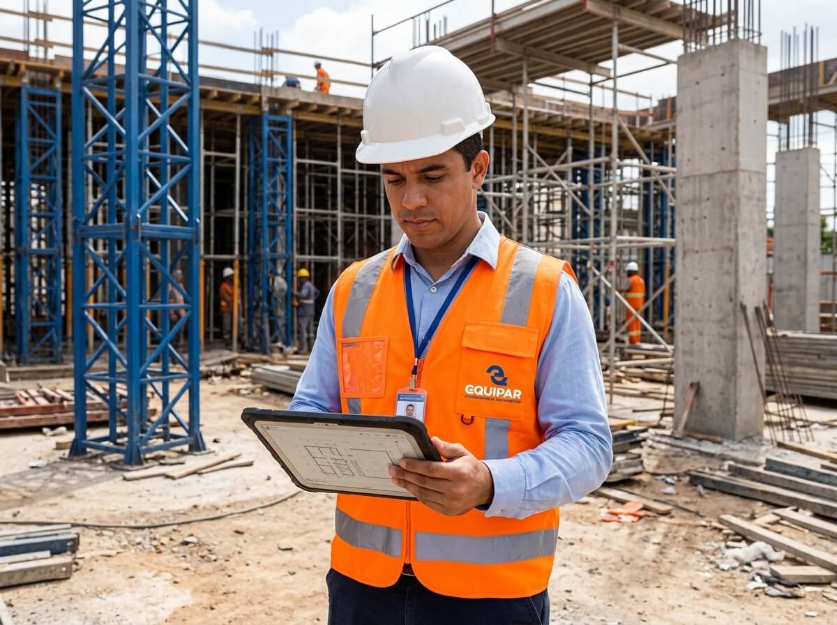 Engenheiro Equipar inspecionando obra com tablet
