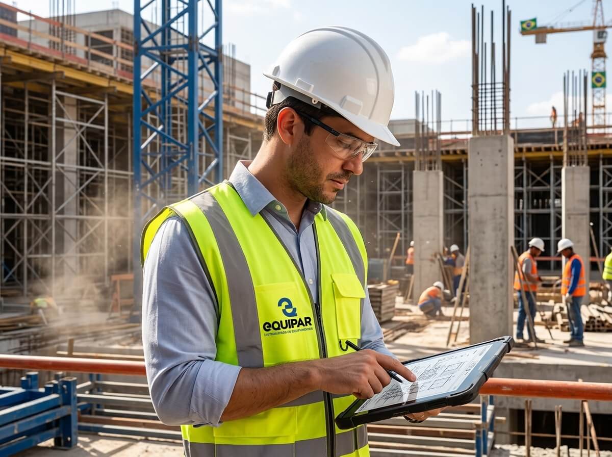 Profissional Equipar com colete e tablet em construção