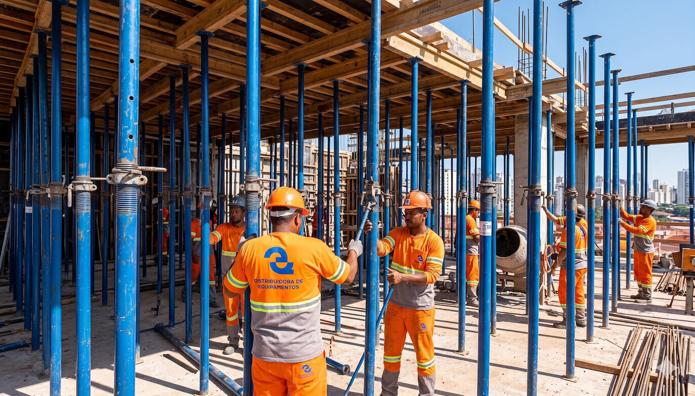 Equipe Equipar montando escoramento metálico em obra