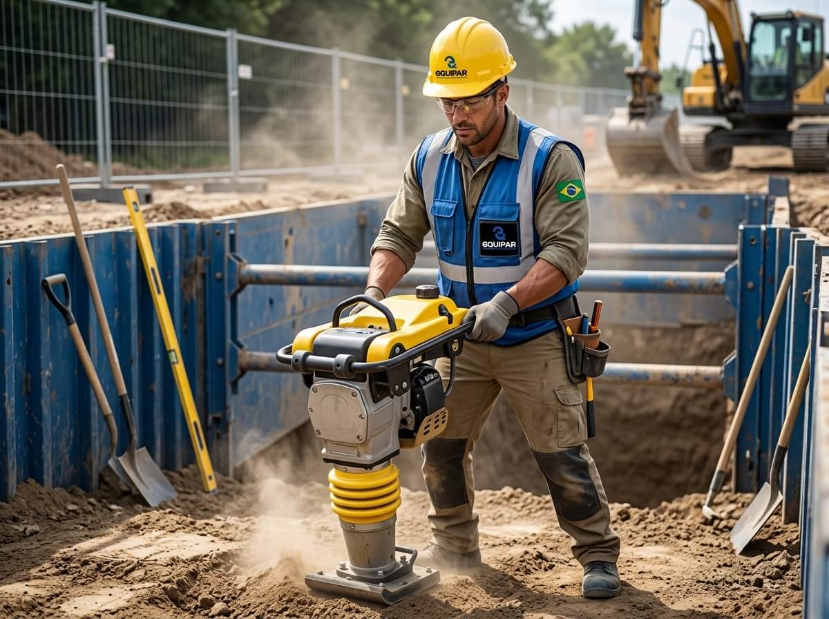 Operário Equipar utilizando compactador de solo